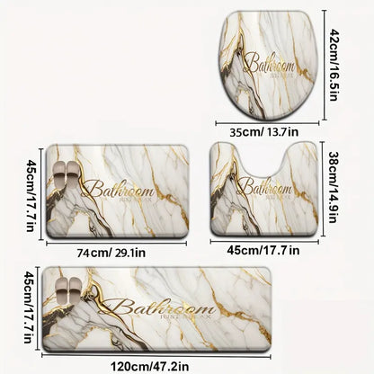 [Bathroom Mat Set] 3pcs/4pcs Golden White Marble pattern printing Bathroom Mat Set |   U-shaped Toilet Seat Cover non-slip laundry room mat living space